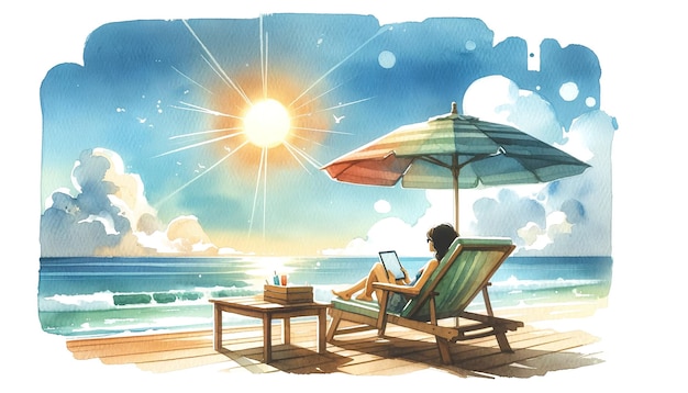Ilustración en acuarela de una persona reclinada en una silla de playa bajo un paraguas