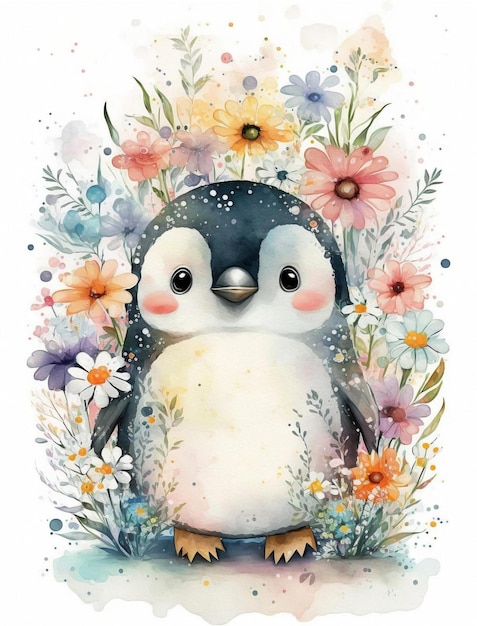 Una ilustración de acuarela de un pingüino en un campo de flores.