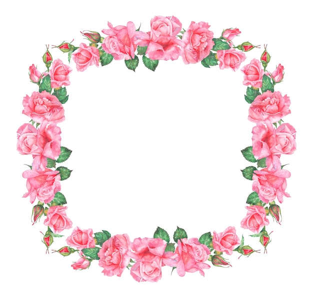 Ilustración de acuarela pintada a mano de un marco de rosas rosas