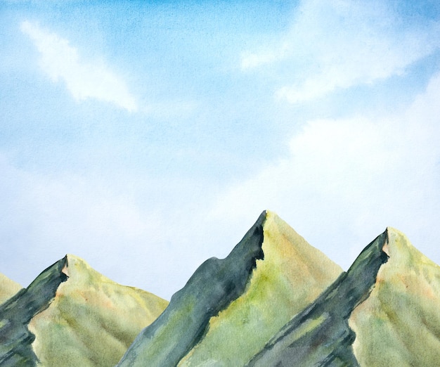 Ilustración acuarela de pintorescas montañas verdes con cielo azul y nubes Hermoso paisaje