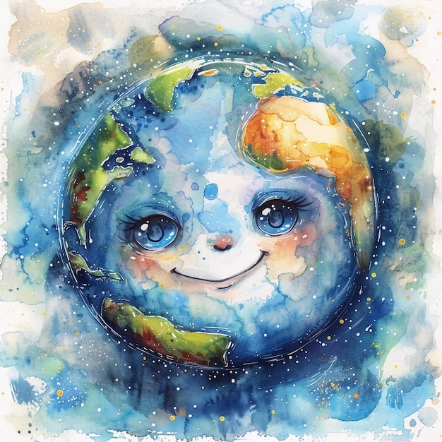 Foto ilustración en acuarela del planeta tierra con emoción alegre y sonrisa día de la tierra