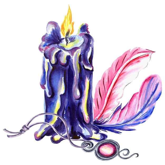 Ilustración en acuarela de unas plumas de vela azul y un amuleto