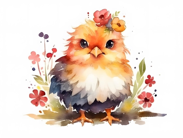 Ilustración acuarela de un pollo con flores.