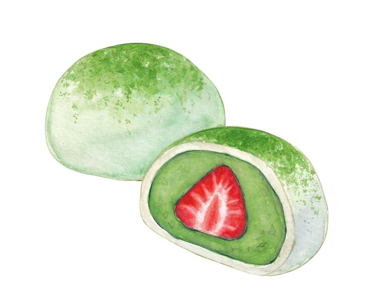 Ilustración en acuarela del postre de fresa de mochi de matcha