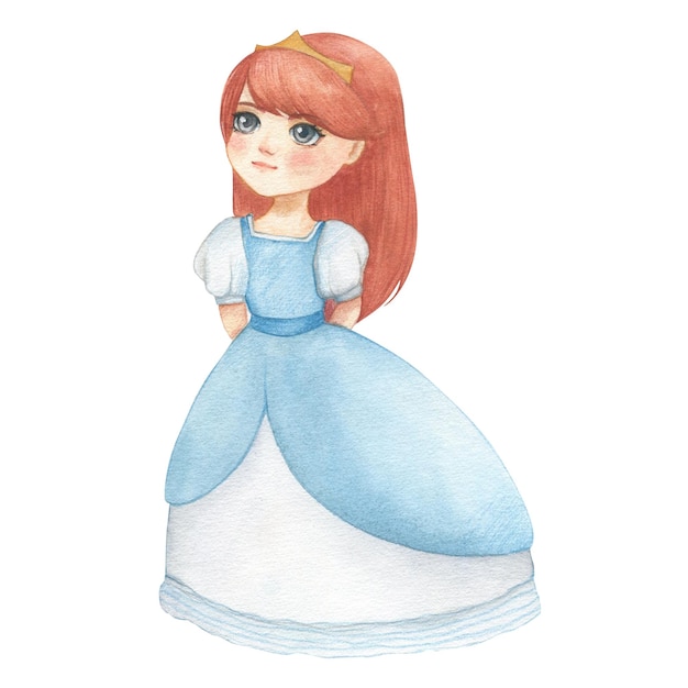 Ilustración en acuarela de una princesa de fantasía en un vestido azul con una ilustración medieval roja