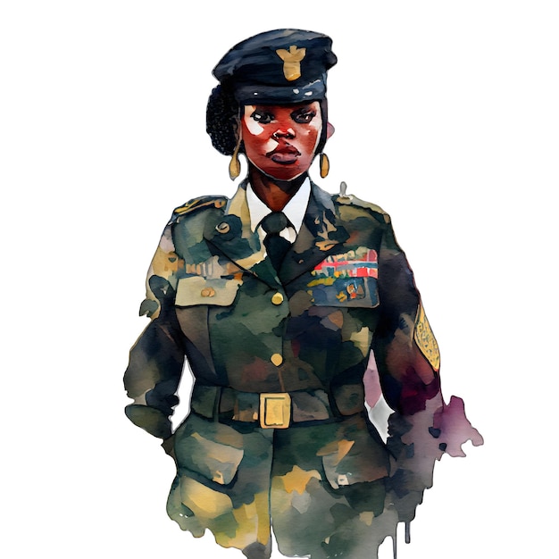 Ilustración de acuarela profesional de soldado militar de mujeres negras