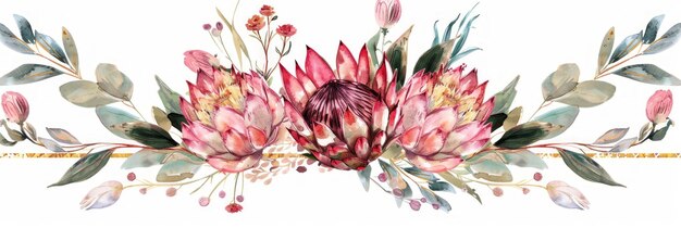 Ilustración de acuarela de Protea Rose con acento de oro con IA generativa