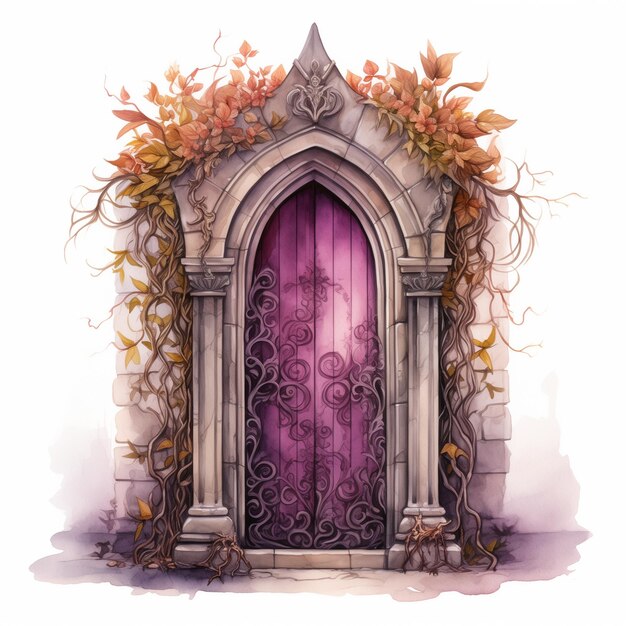 Ilustración en acuarela de una puerta de jardín gótica de cuento de hadas