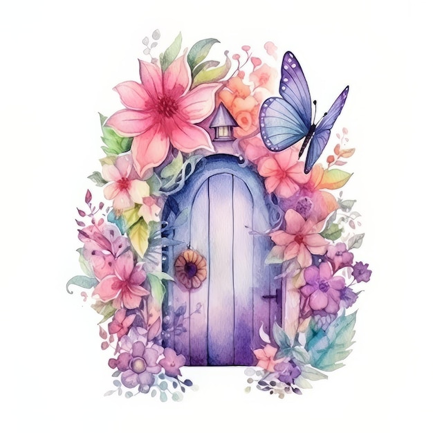 Una ilustración en acuarela de una puerta con una mariposa.