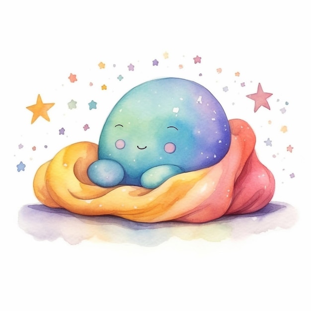 Ilustración acuarela de un pulpo azul durmiendo en un arco iris.