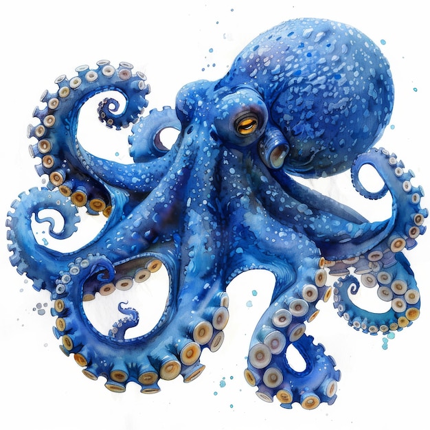 Ilustración en acuarela de un pulpo azul sobre un fondo blanco