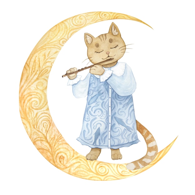 Ilustración de acuarela que representa un gato de juguete infantil de cuento de hadas lindo vintage con una flauta aislada