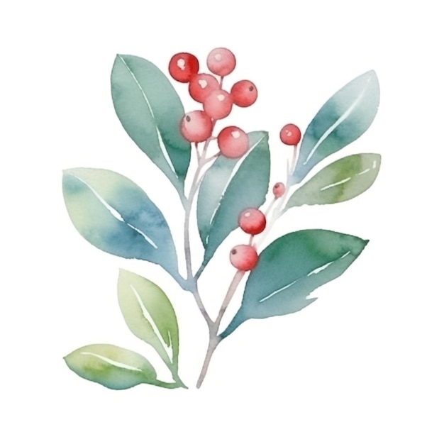 Una ilustración acuarela de una rama de acebo con hojas verdes.