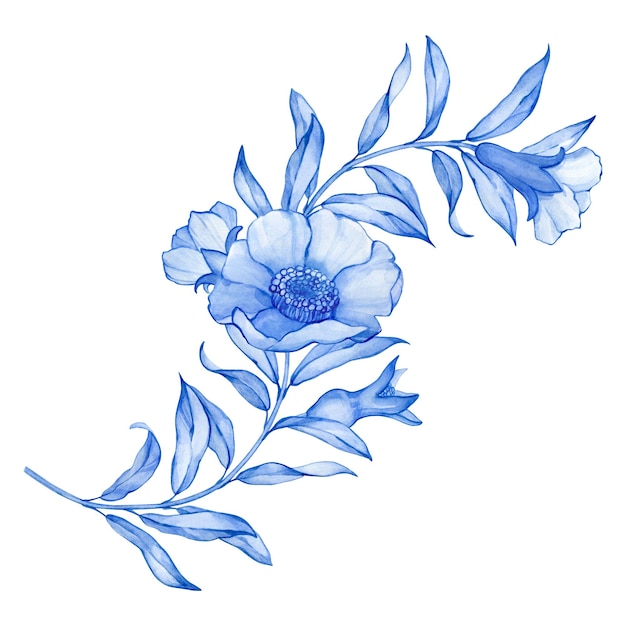 Ilustración de acuarela de la rama de la flor de la granada dibujada a mano en acuarela azul y aislada
