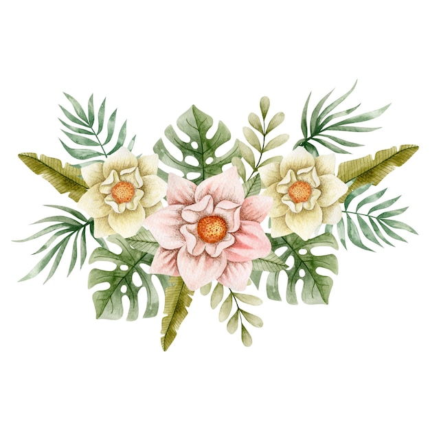 Ilustración acuarela de un ramo de flores tropicales. arreglo floral