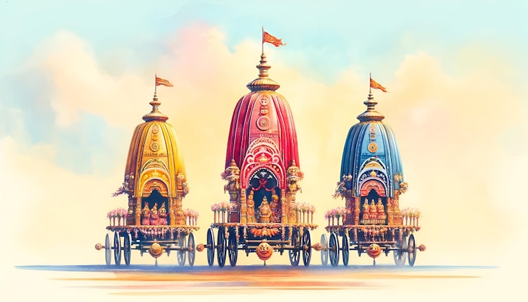 Foto ilustración en acuarela para el rath yatra con grandes carros decorados