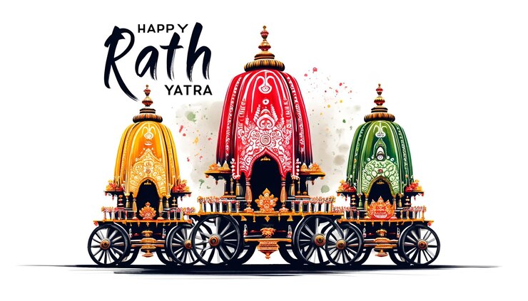 Foto ilustración en acuarela para el rath yatra con tres grandes carros decorados