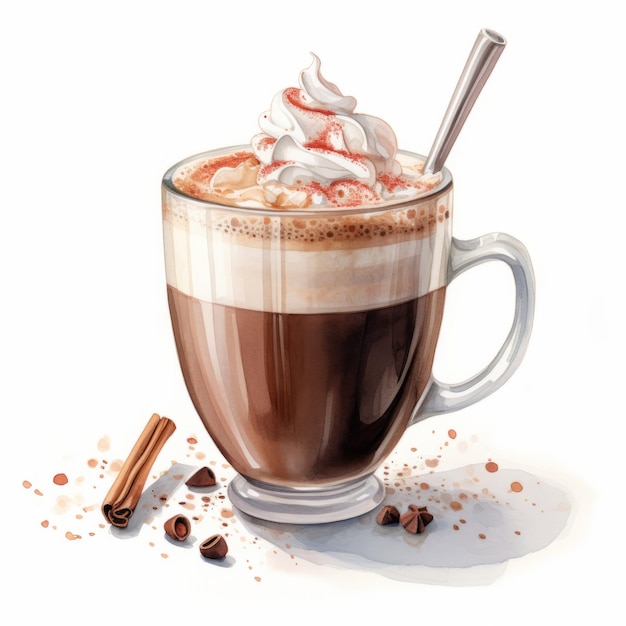 Ilustración acuarela realista de cóctel de chocolate caliente