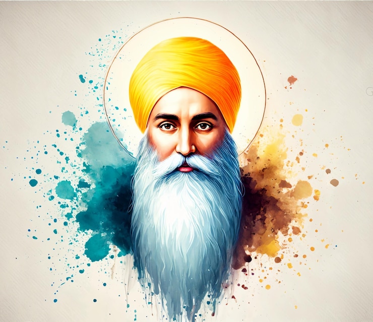 Foto ilustración en acuarela del retrato del gurú nanak con salpicaduras de pintura