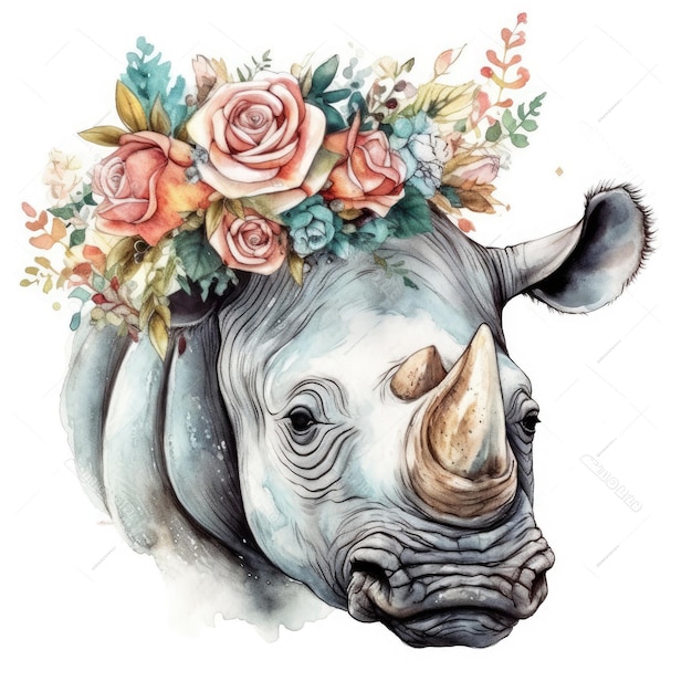 Ilustración acuarela de un rinoceronte con una corona de flores