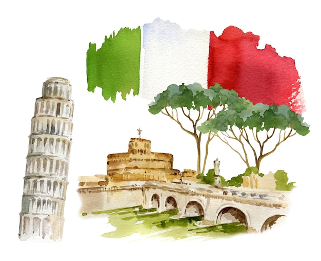 Ilustración acuarela de roma italia panorama dibujado a mano del puente tiber pinya pine y old fortres