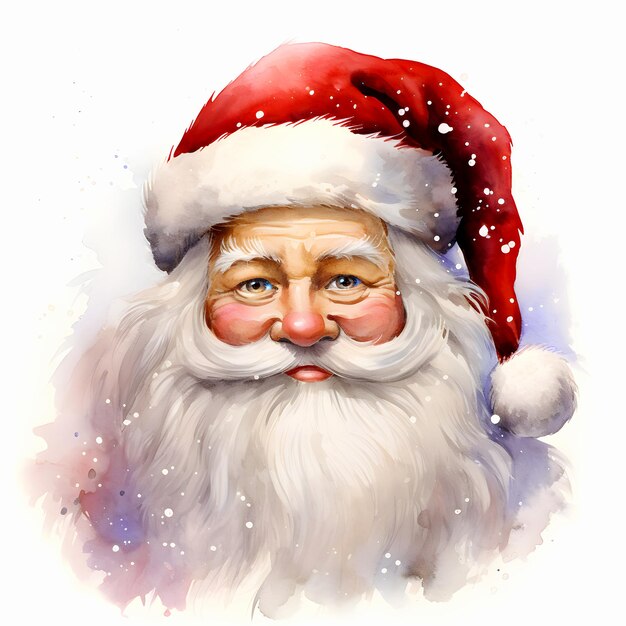 Ilustración de acuarela Santa Claus tiene ojos brillantes y tiene una barba blanca esponjosa Llevaba un sombrero de terciopelo rojo decorado con piel blanca de fondo blanco Apto para su uso durante la temporada de Navidad