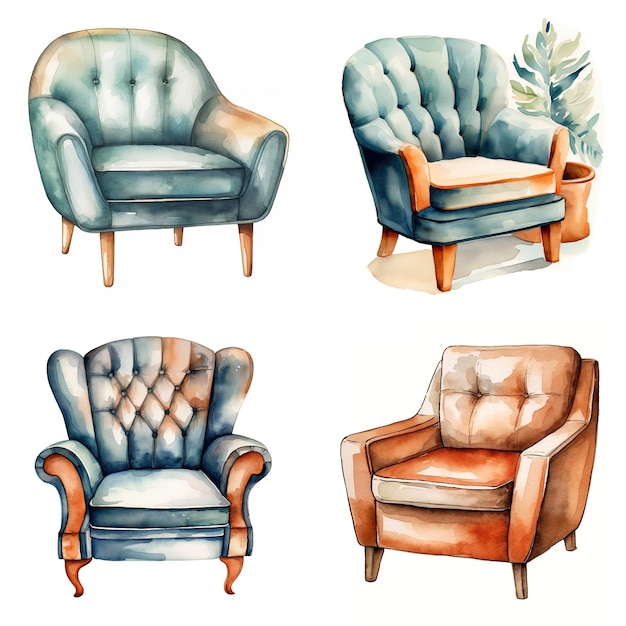 Ilustración en acuarela de un sillón moderno en estilo retro Clipart de un solo elemento boho acogedor