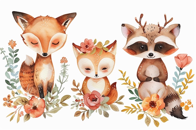 Ilustración en acuarela de simpáticos animales del bosque con elementos florales con un ciervo zorro y un mapaches vector ideal para la decoración infantil