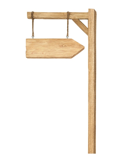 Ilustración en acuarela de soporte de cartel de madera tabla en forma de flecha de madera o cartel de señalización de puntero de dirección aislado Hecho a mano