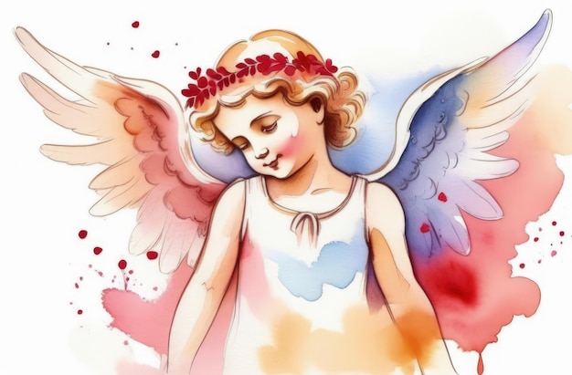 Ilustración acuarela de tarjeta de felicitación blanco lindo divertido bebé cupido ángel con cabello rizado dorado