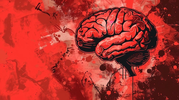 Foto ilustración en acuarela tarjeta postal vintage día mundial del tumor cerebral forma cerebral pintada textura de pared fondo rojo espacio de copia espacio libre para el texto