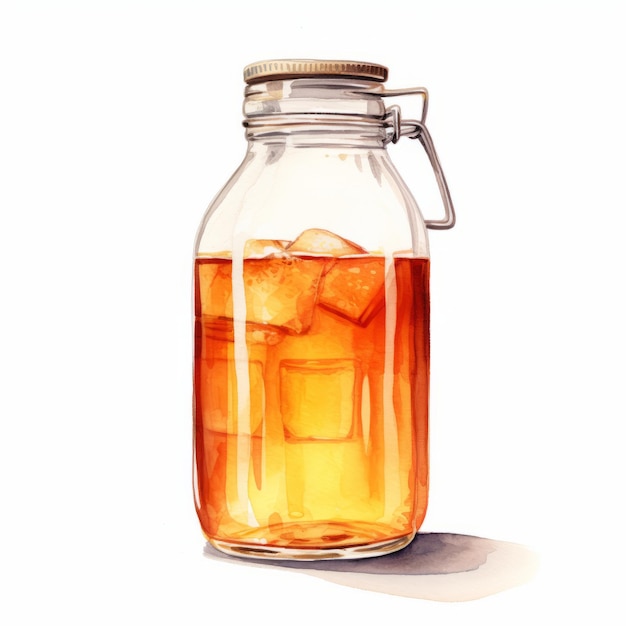 Ilustración acuarela de tarro de kombucha con té frío y caliente