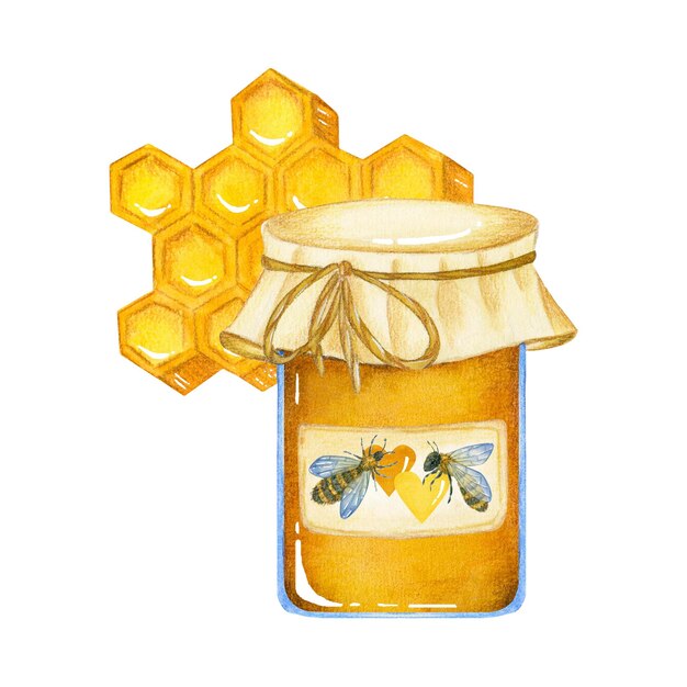 Ilustración de acuarela con un tarro de miel y panales sobre un fondo blanco aislado
