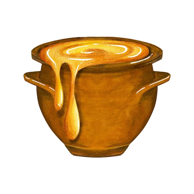Ilustración acuarela de un tarro de miel resaltado sobre un fondo blanco