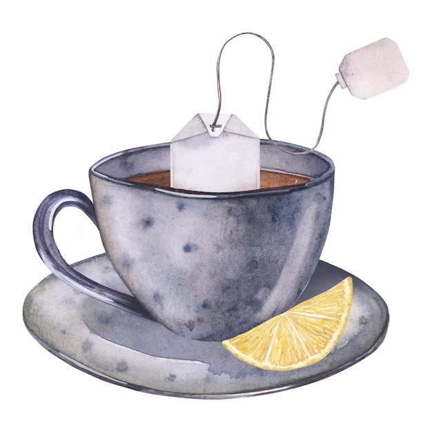Foto ilustración acuarela taza de té tarjeta pintada a mano aislada sobre fondo blanco