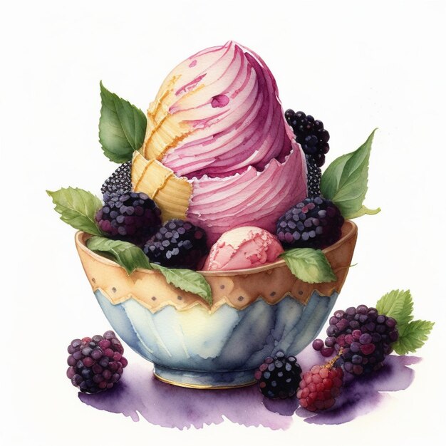 Una ilustración en acuarela de un tazón de helado con moras