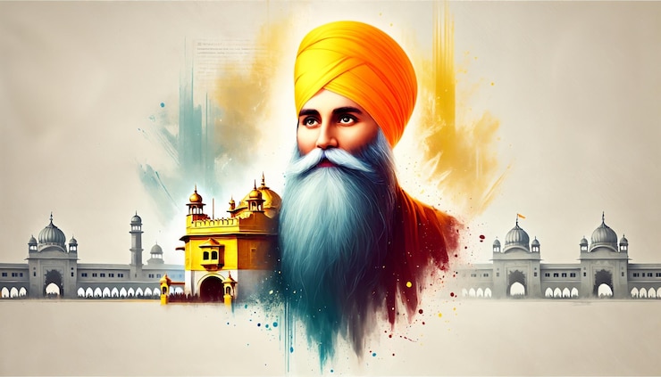 Foto ilustración en acuarela del templo dorado y el retrato de guru nanak