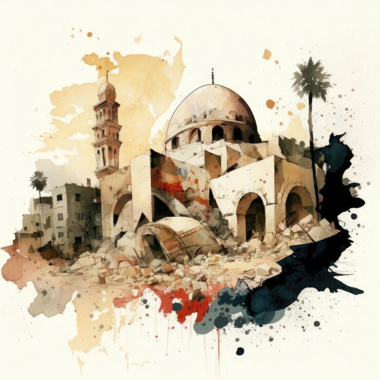 Ilustración acuarela del terremoto de Siria aislada en un fondo blanco