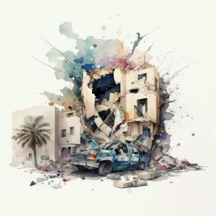 Ilustración acuarela del terremoto de Siria aislada en un fondo blanco