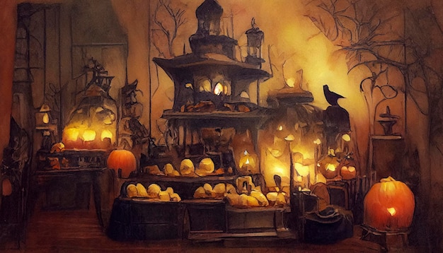 Ilustración de acuarela de terror de concepto de Halloween Calabazas y velas dentro de la casa de brujas Para tarjetas de invitación o portadas Ilustración 3D