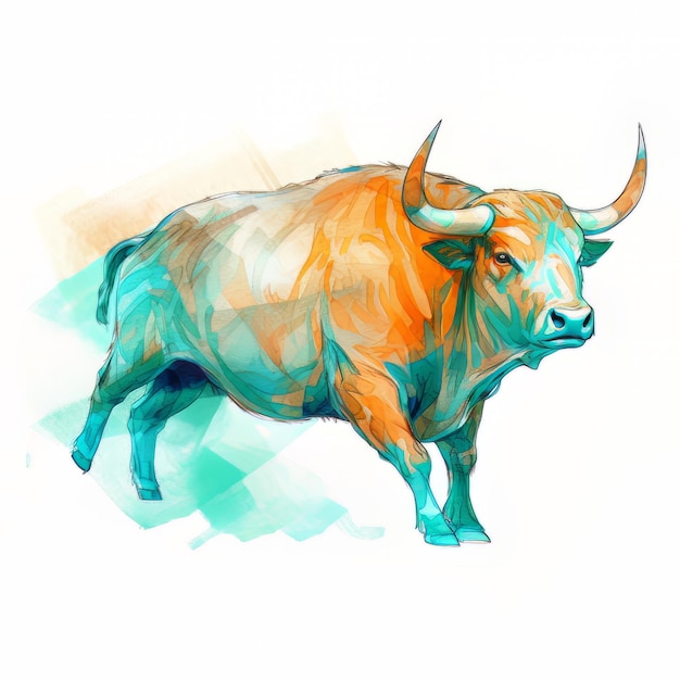 Ilustración acuarela de un toro aislado sobre fondo blanco