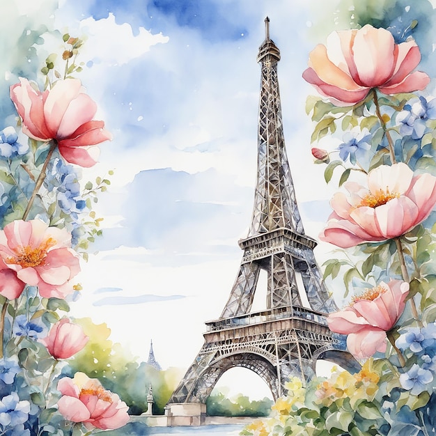 ilustración acuarela torre eiffel con flores