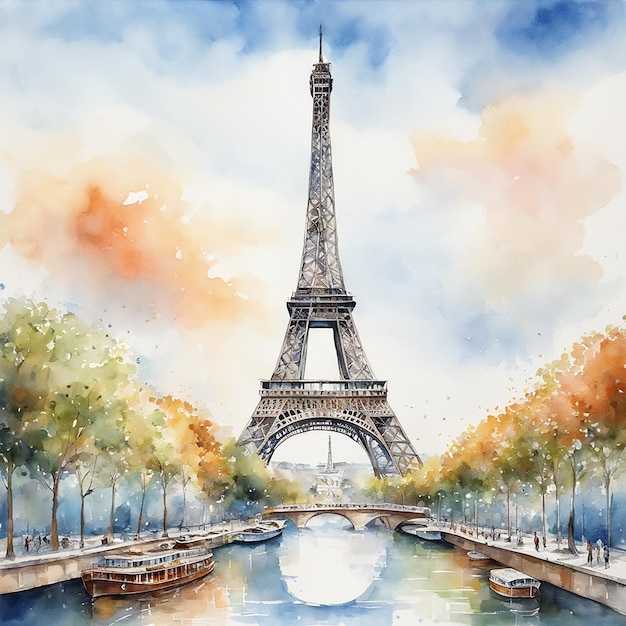 ilustración acuarela torre eiffel