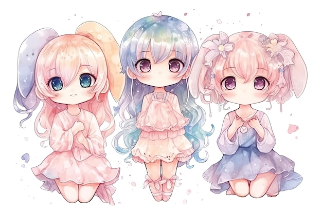 Una ilustración en acuarela de tres niñas con cabello de diferente color.