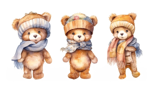 Ilustración acuarela de tres ositos de peluche con gorros cálidos y bufandas sobre un fondo blanco IA generativa