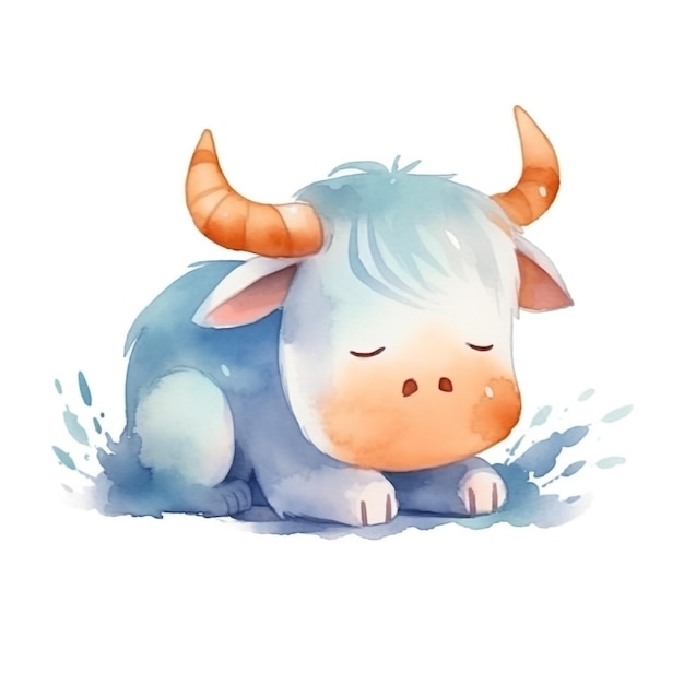 Ilustración acuarela de una vaca azul con cara blanca y ojos azules.