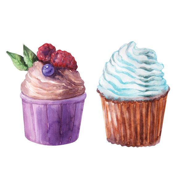 Ilustración acuarela con varios cupcakes y fresas maduras, arándanos, cerezas y frambuesas