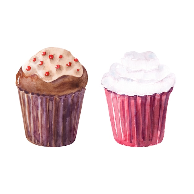 Ilustración acuarela con varios cupcakes y fresas maduras, arándanos, cerezas y frambuesas