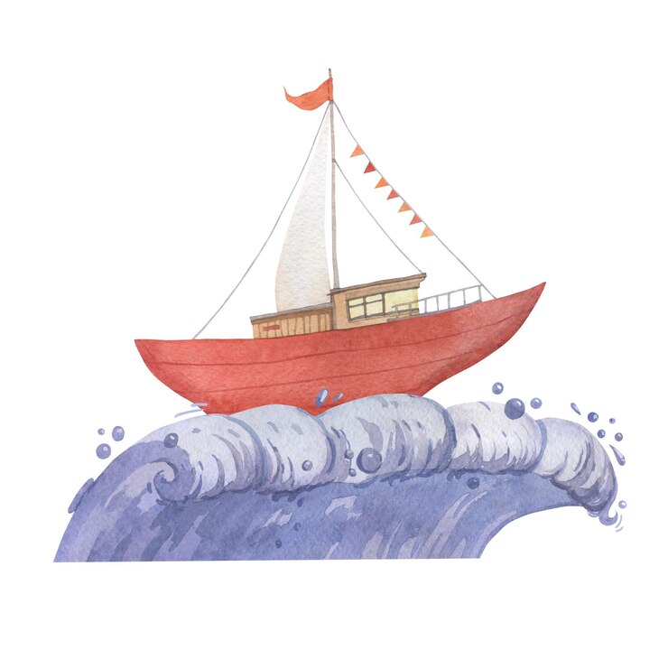 Ilustración en acuarela de un velero de color rojo en una ola del mar