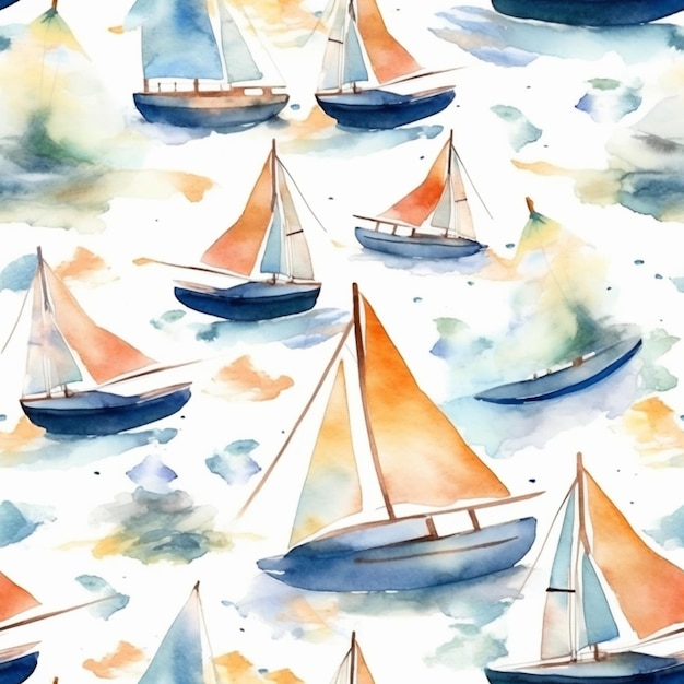 Ilustración acuarela de un velero con velas naranjas